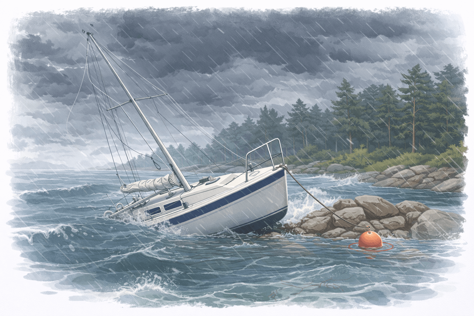 Purjeveneen irtoaminen poijusta myrskyn aikana