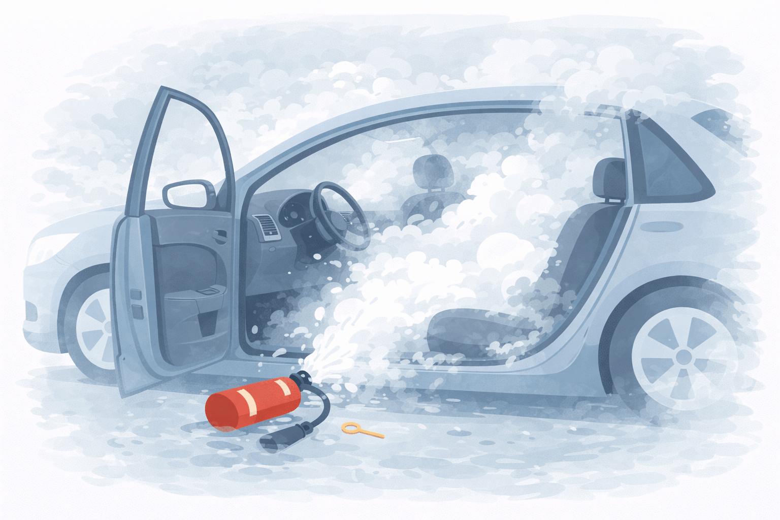 Jauhesammutin räjähtänyt auton sisällä Jauhesammutin räjähtänyt auton sisällä