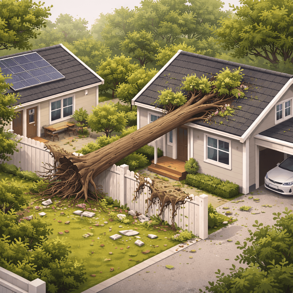 kuka korvaa jos naapurin puu kaatuu talon päälle