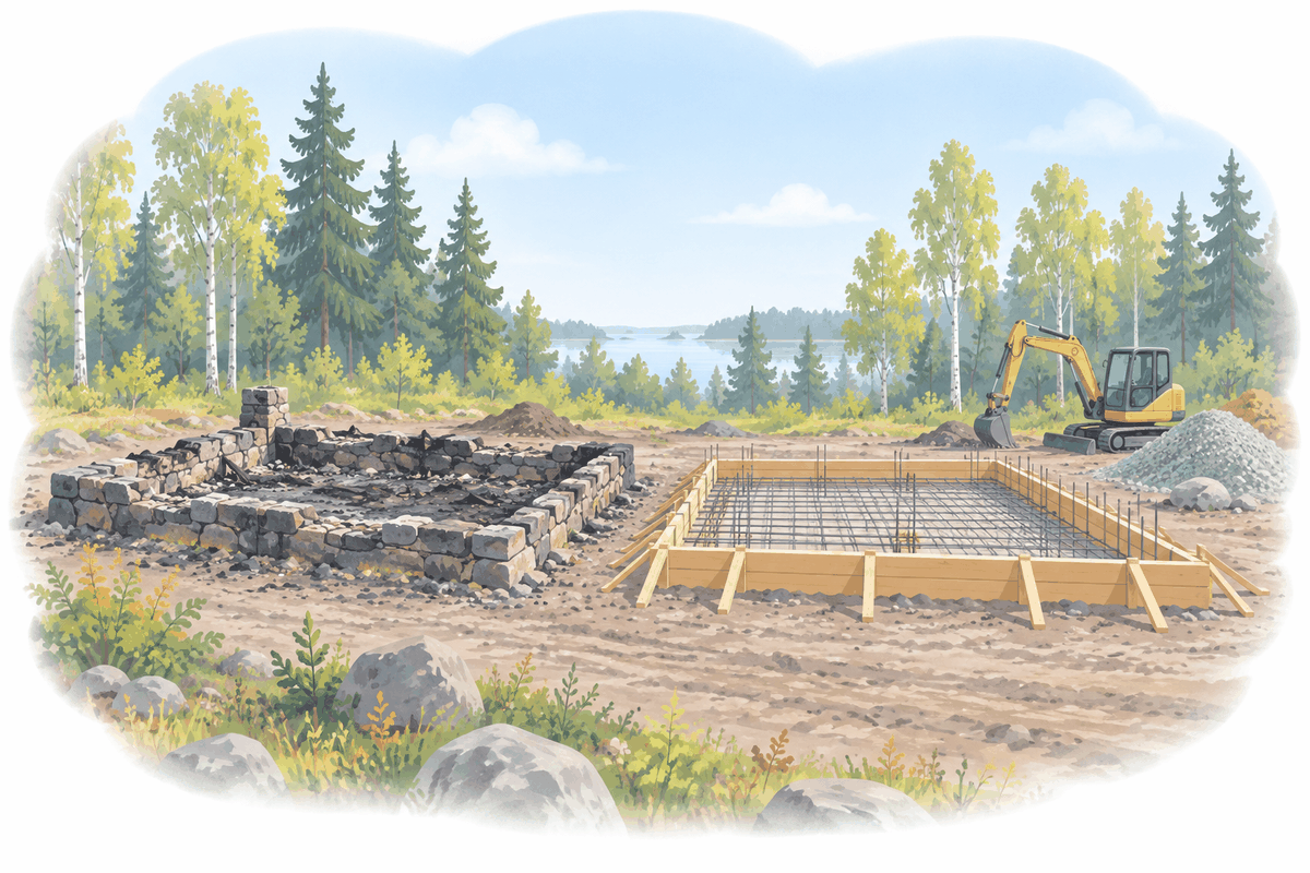 Palaneen omakotitalon vanhat kiviperustukset raivatulla tontilla ja niiden vieressä uuden perustuksen muottilaudoitus.
