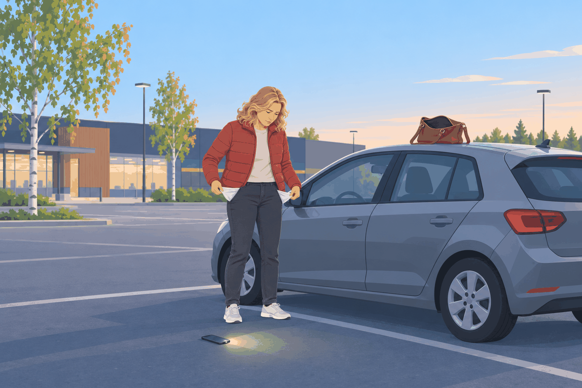Nainen kääntää taskunsa nurin lukitun auton vieressä kauppakeskuksen parkkipaikalla, käsilaukku auton katolla ja puhelimen valo maassa