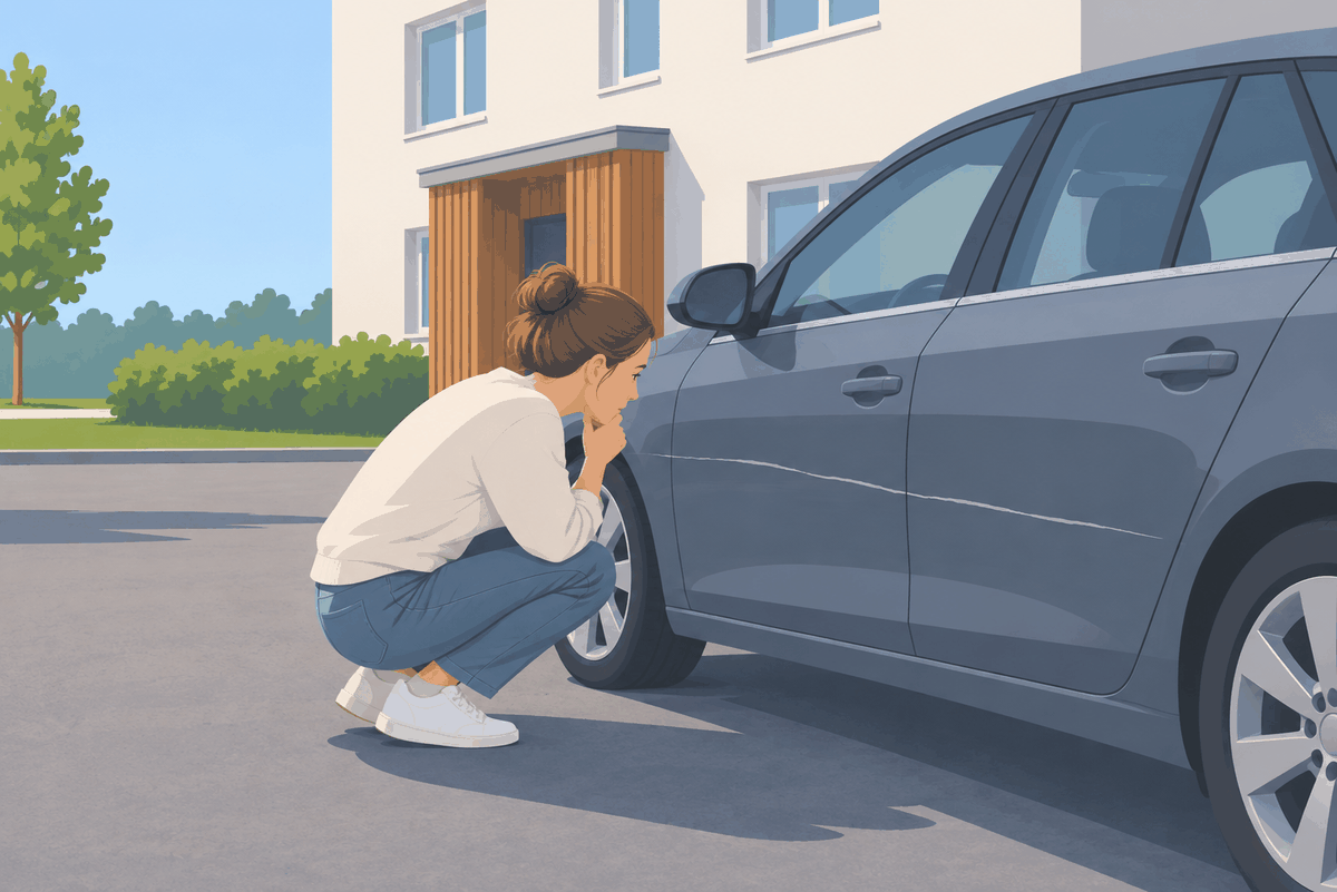 Nainen kyykistyy kerrostalon pihalla katsomaan autonsa kylkeen yön aikana raavittua pitkää naarmua.
