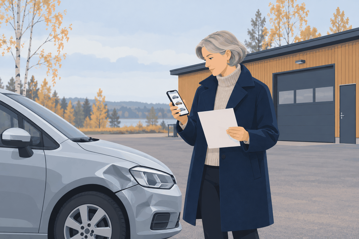 Nainen seisoo korjaamon pihalla kolhiintuneen autonsa vieressä ja vertaa lunastustarjousta puhelimen käytettyjen autojen ilmoituksiin