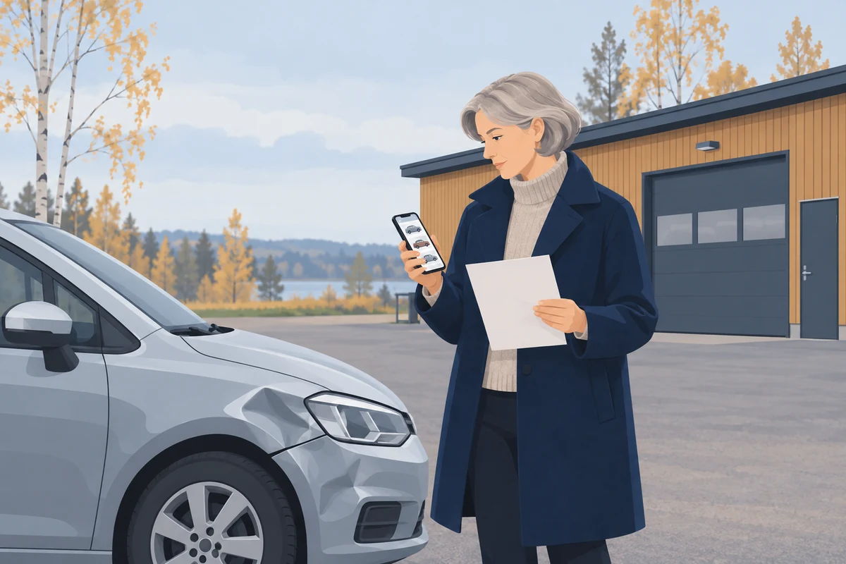 Nainen seisoo korjaamon pihalla kolhiintuneen autonsa vieressä ja vertaa lunastustarjousta puhelimen käytettyjen autojen ilmoituksiin