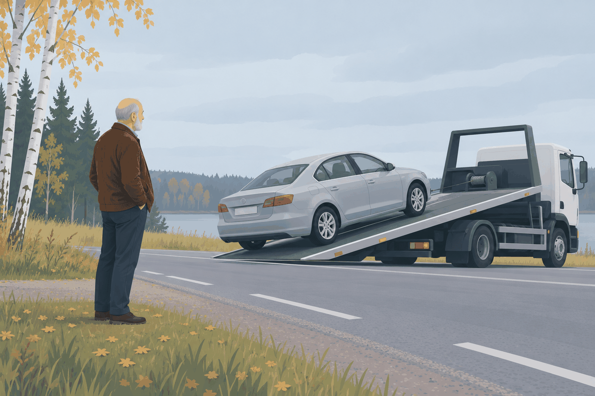 Eläkeikäinen mies seisoo tienvarressa, kun hinausauto nostaa hänen hopeanharmaan autonsa lavalle