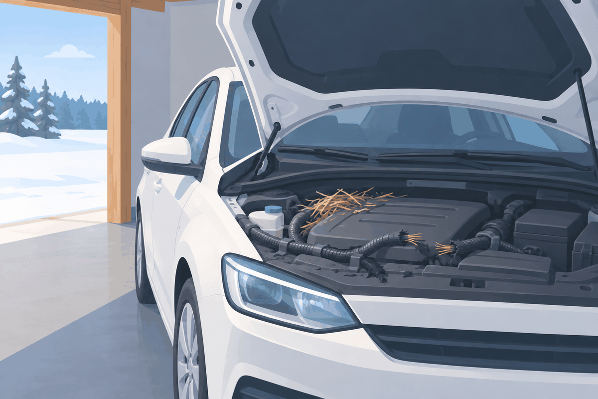 Auton konepelti auki autotallissa, moottoritilassa jyrsijän katkomat johdot ja kuivaa pesämateriaalia