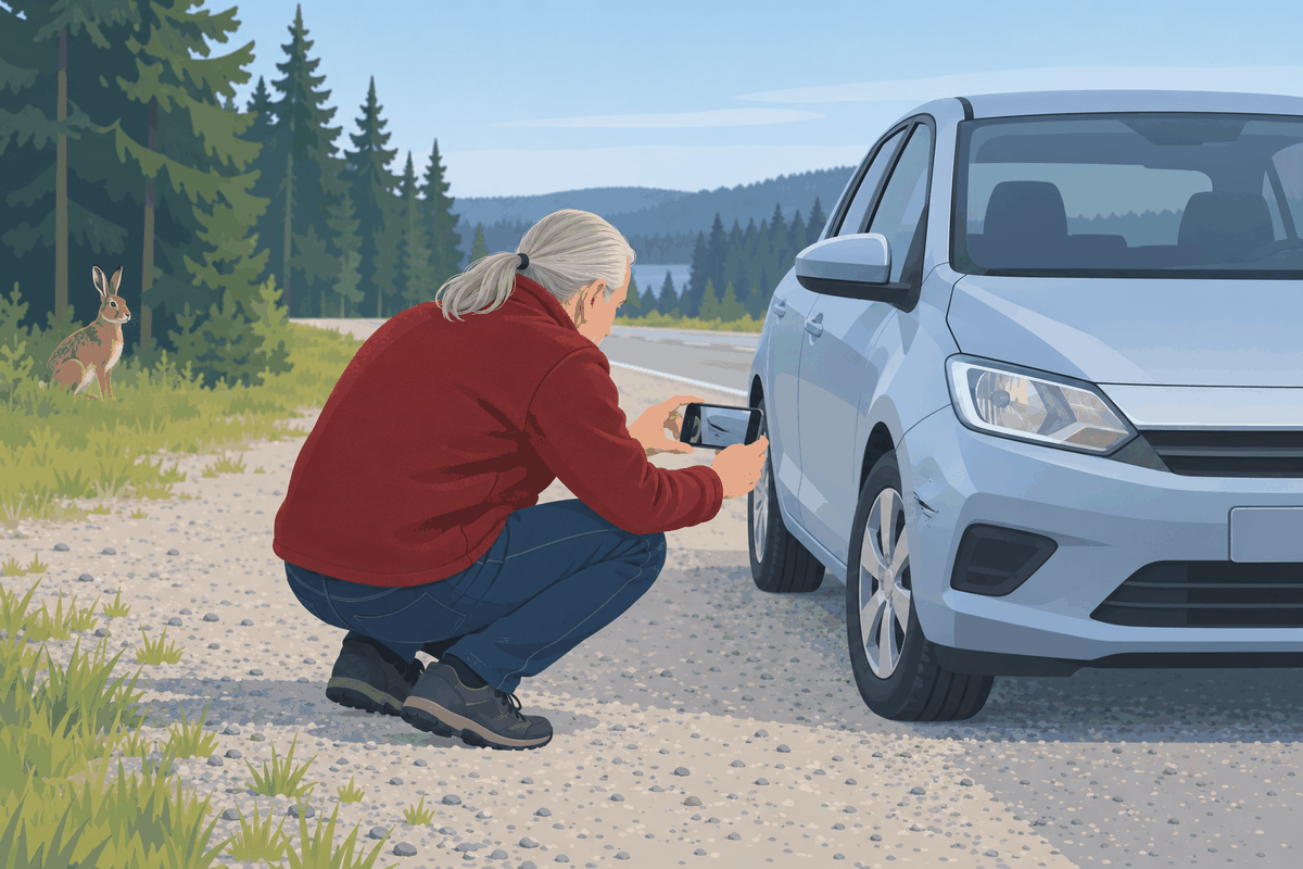Mies kuvaa puhelimella auton etupuskurin painumaa tienpientareella, jänis istuu metsän reunassa