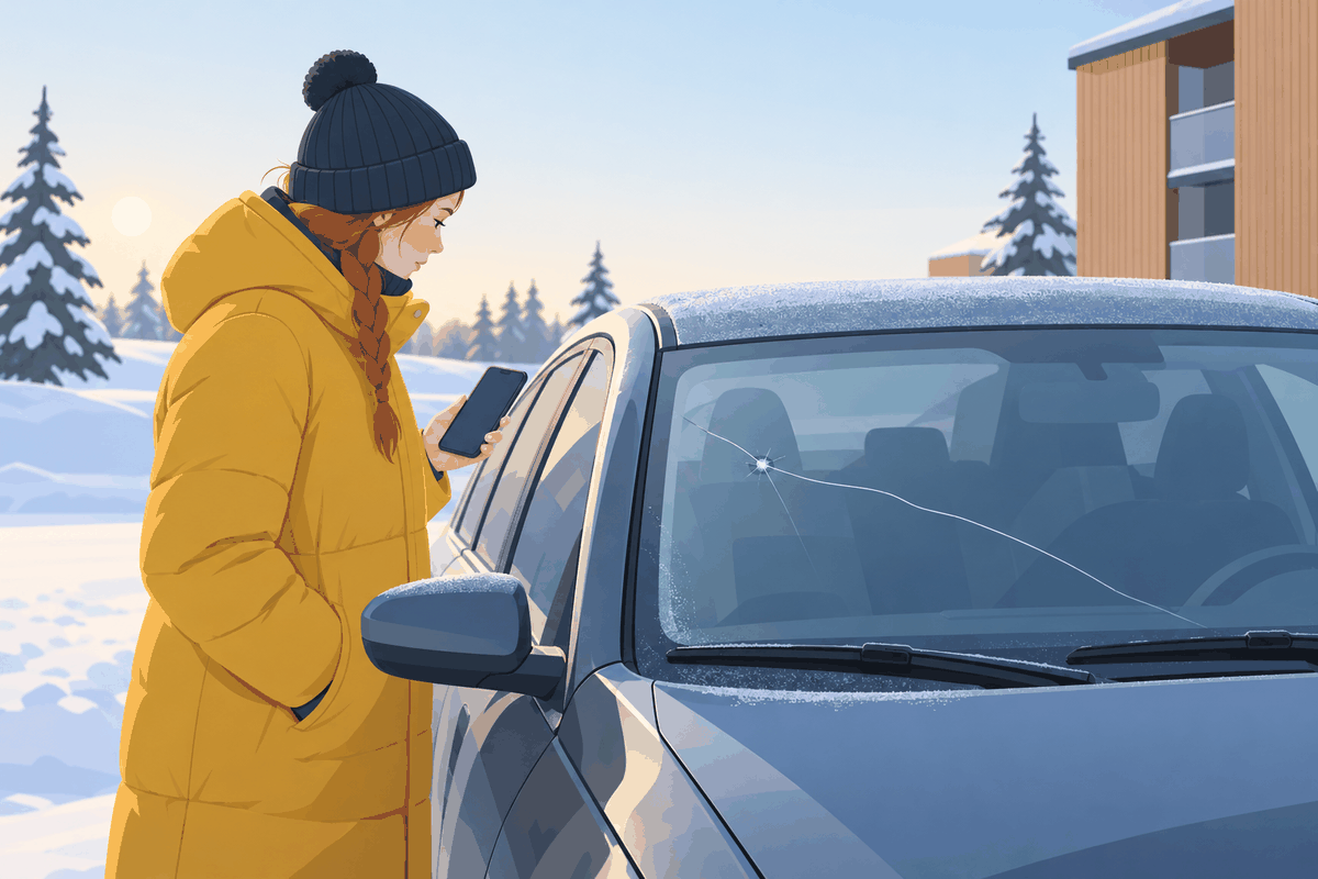 Nainen katsoo talviaamuna pihalla puhelin kädessä auton tuulilasia, jonka poikki kulkee kiveniskemästä lähtenyt halkeama.