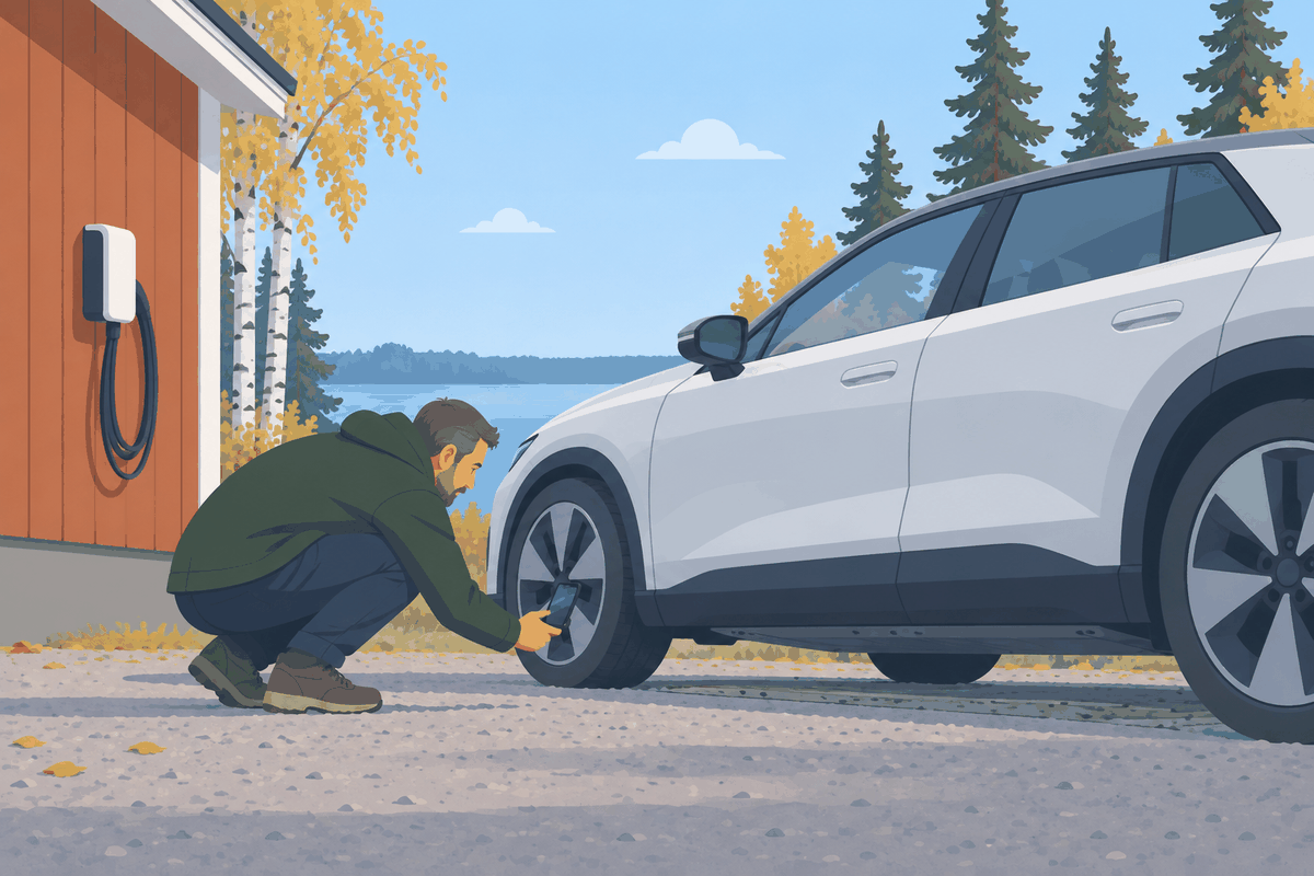 Mies kyykistyy sähköauton viereen pihatiellä ja kuvaa puhelimella auton pohjaa akun kohdalta, taustalla seinälaturi talon seinässä