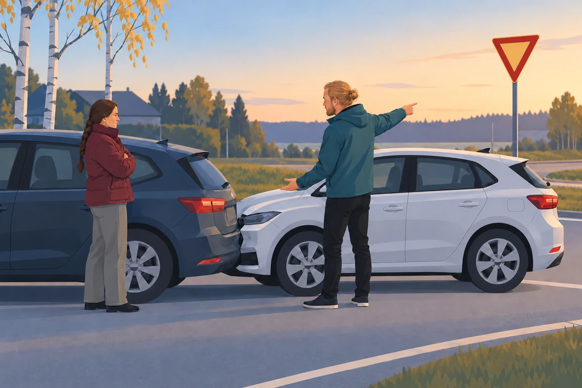 Kaksi kuljettajaa risteyksessä peräänajon jälkeen, mies osoittaa väistämismerkkiä ja nainen kiistää kädet puuskassa