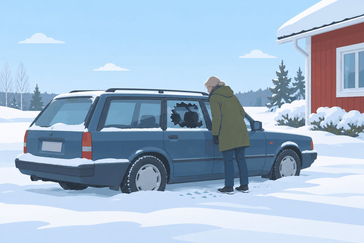 Nainen katsoo talvisella pihalla vanhan farmariauton rikottua sivuikkunaa.