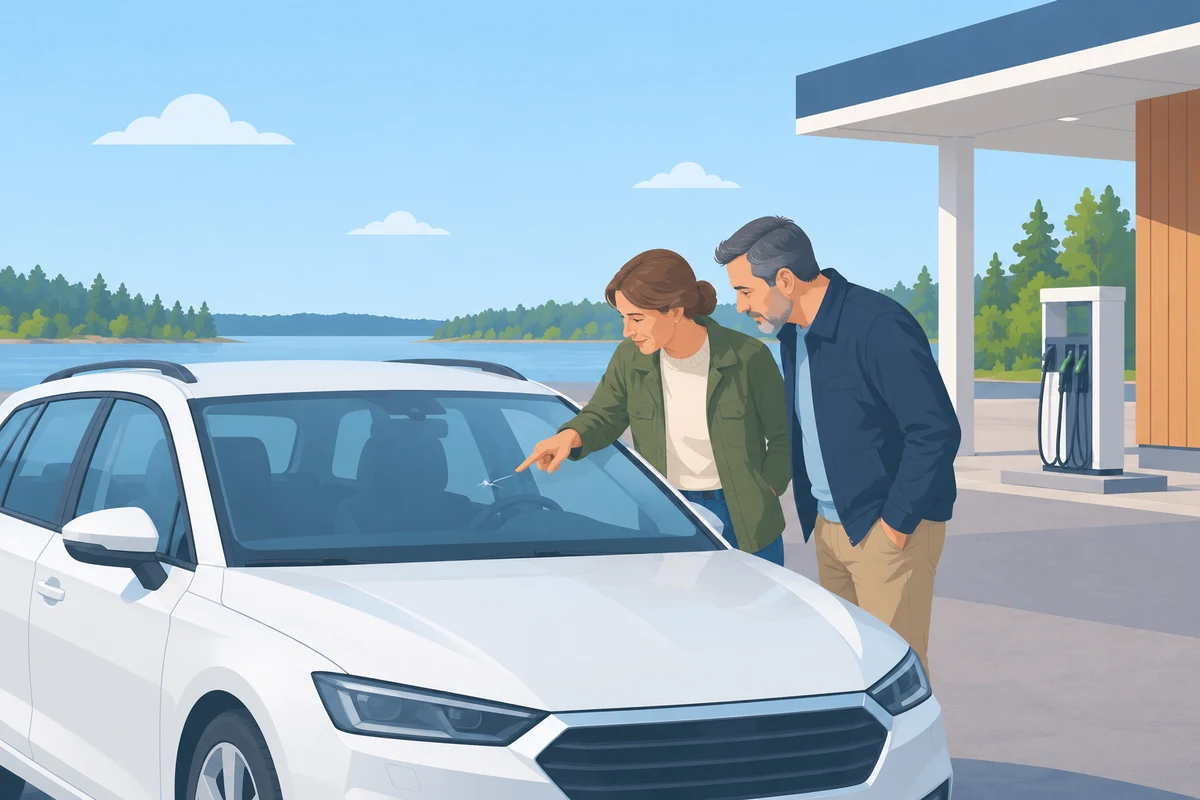 Pariskunta katsoo huoltoaseman pihalla kiveniskun jälkeä autonsa tuulilasissa.