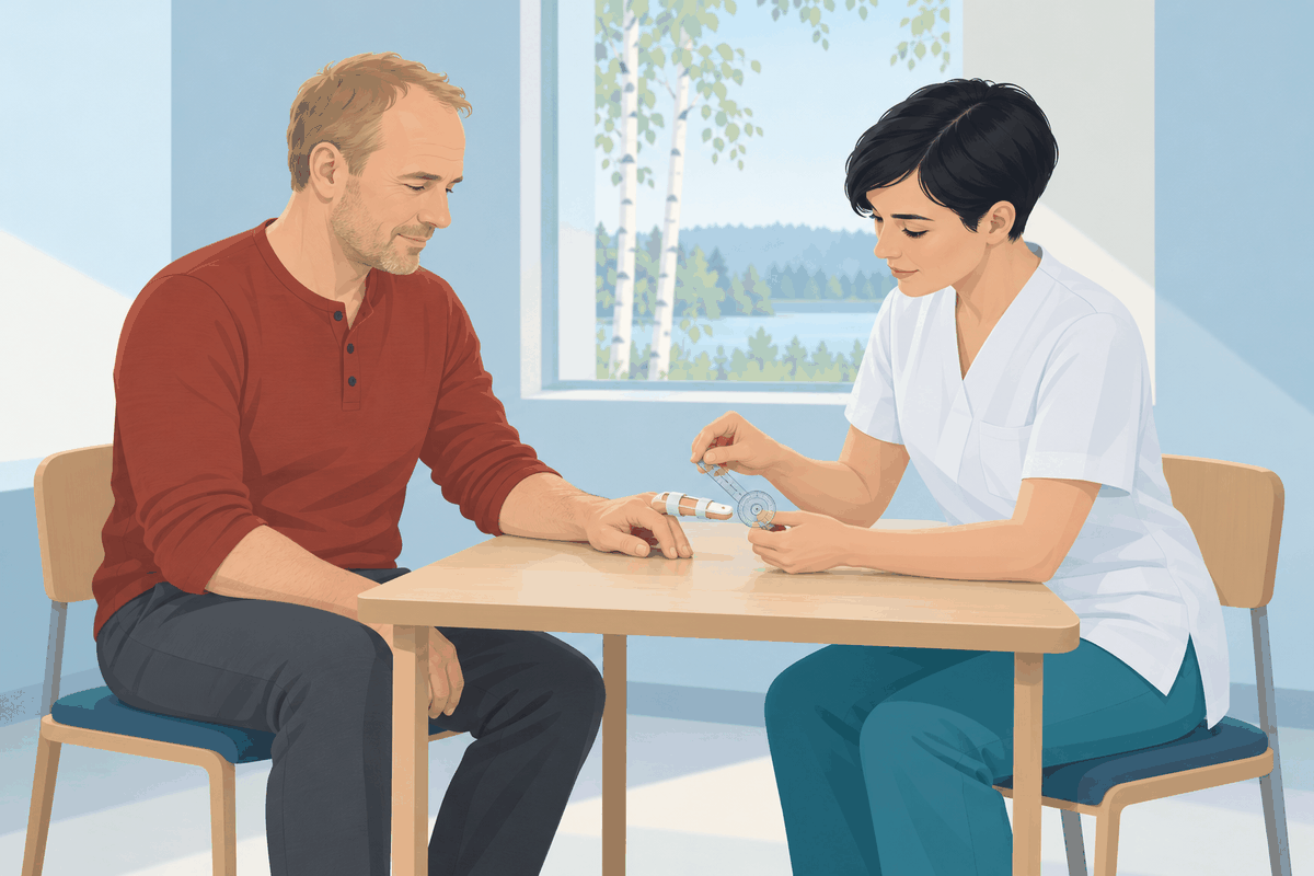 Fysioterapeutti mittaa lastoitetun etusormen liikettä käsiterapian vastaanotolla