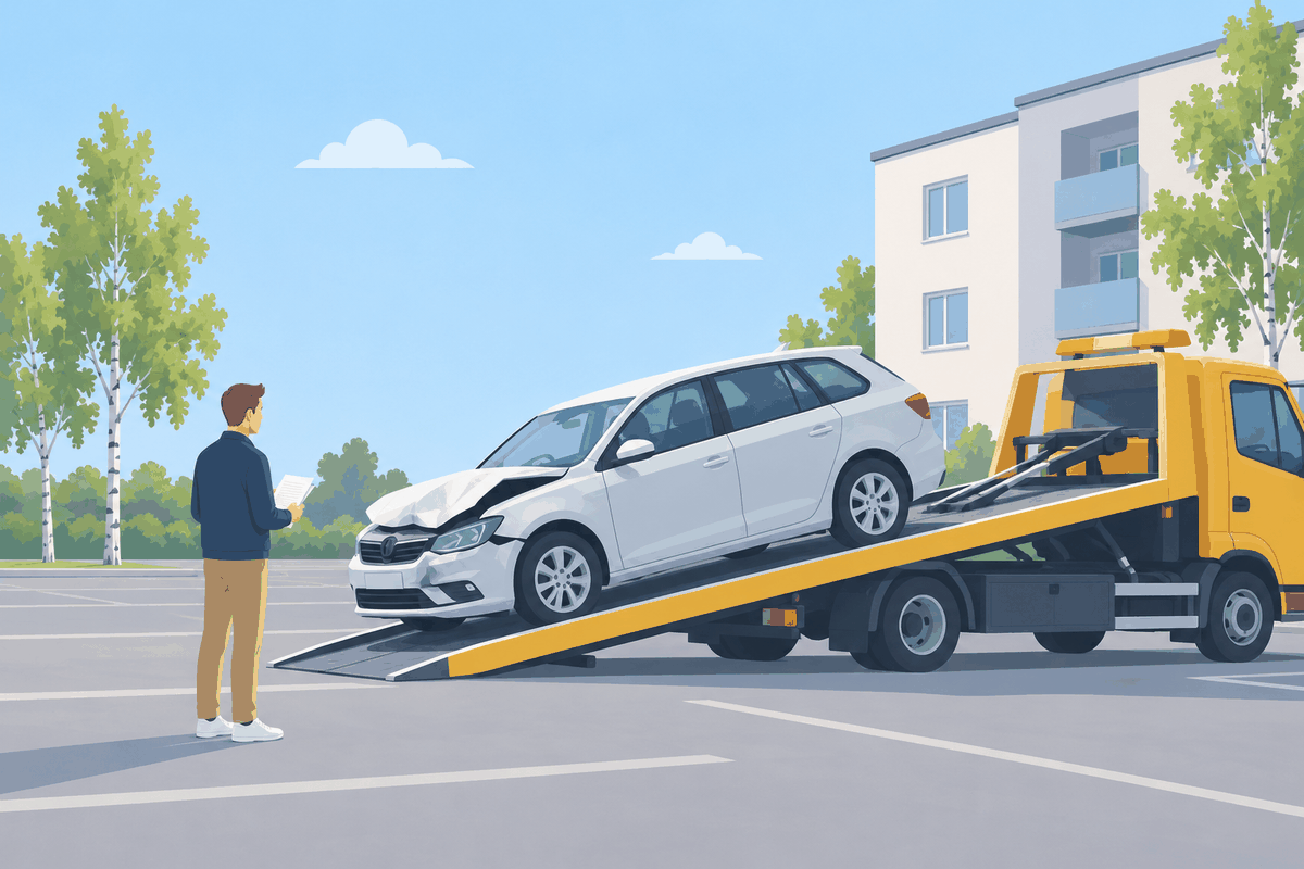 Kolarissa vaurioitunut henkilöauto nostetaan hinausauton lavalle kerrostalon pysäköintipaikalla, ja omistaja seisoo vieressä paperit kädessä.