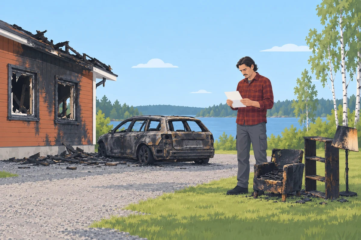 Mies seisoo tulipalossa vaurioituneen omakotitalon pihalla palaneen auton ja huonekalujen vieressä ja lukee paperia hämmentyneenä